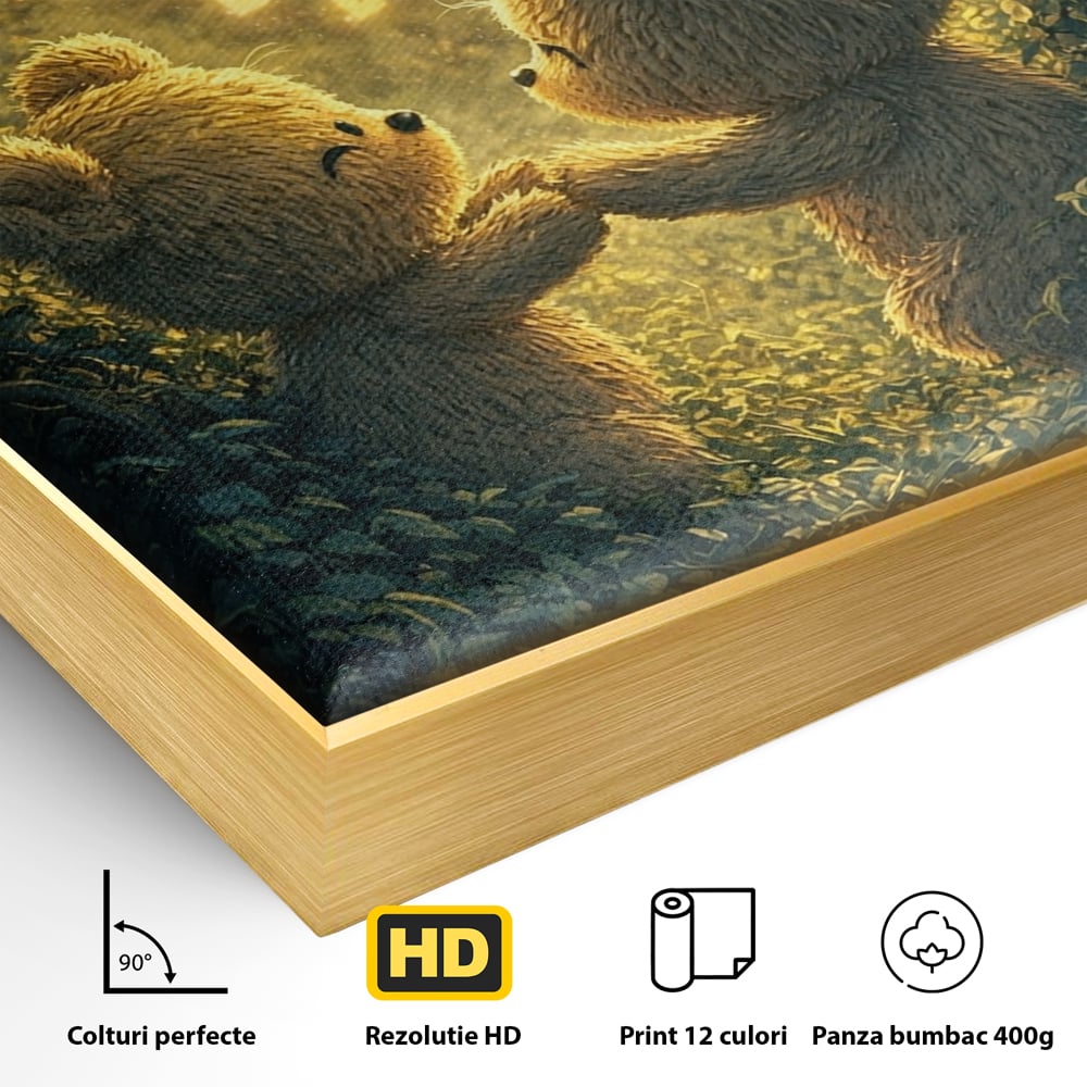 Detaliu al suprafetei: doi ursuleti pufosi in padure, in rama de aluminiu auriu